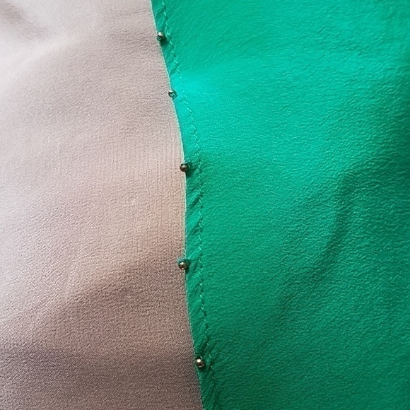 Anthropoogie Flowy Top Silk Spaghetti Straps Olive Green Tan Shift Tiered Dress - Picture 6 of 8